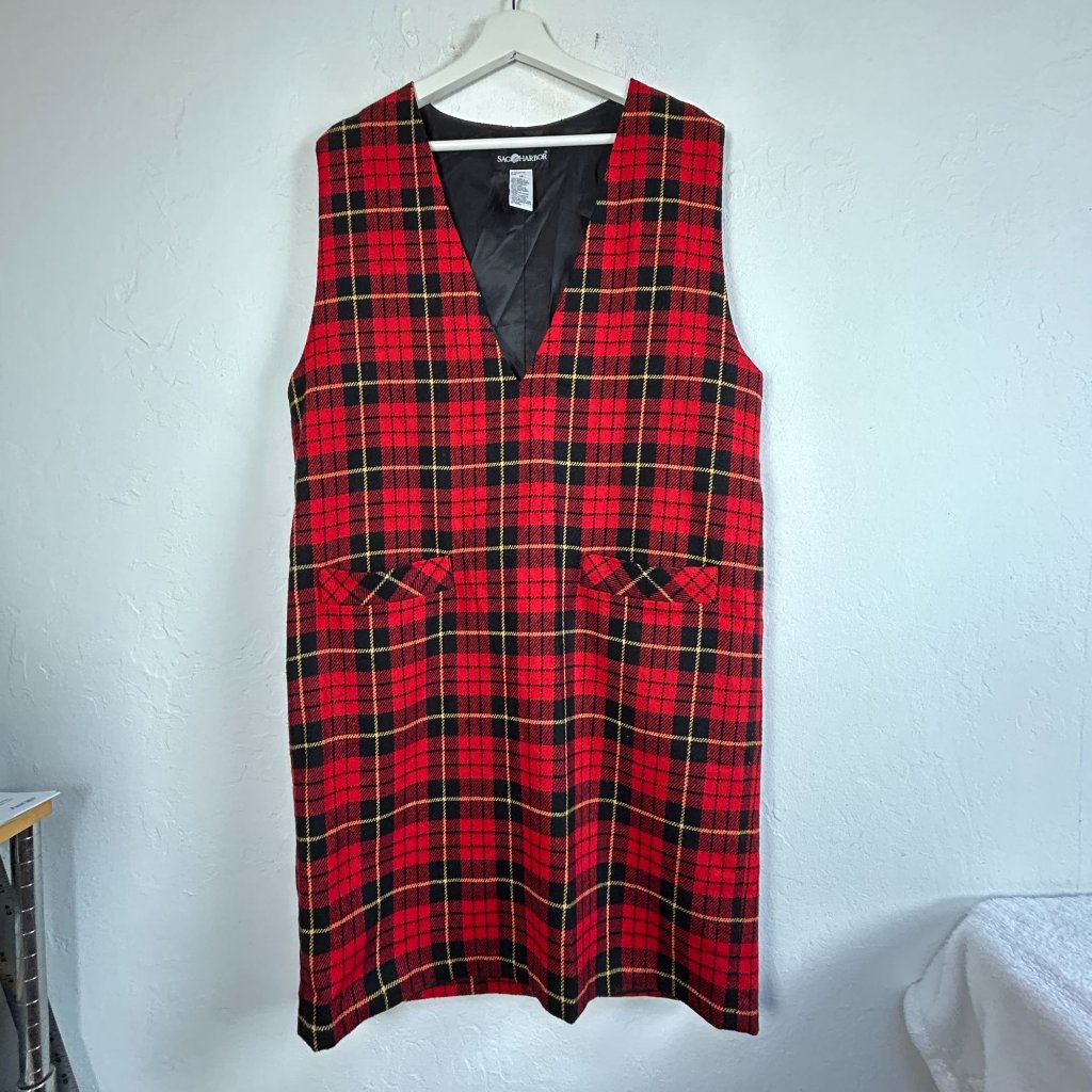 Vintage Sag Harbor Red Plaid Sleeveless Sweater Dress Wool Blend Mini Holiday 14